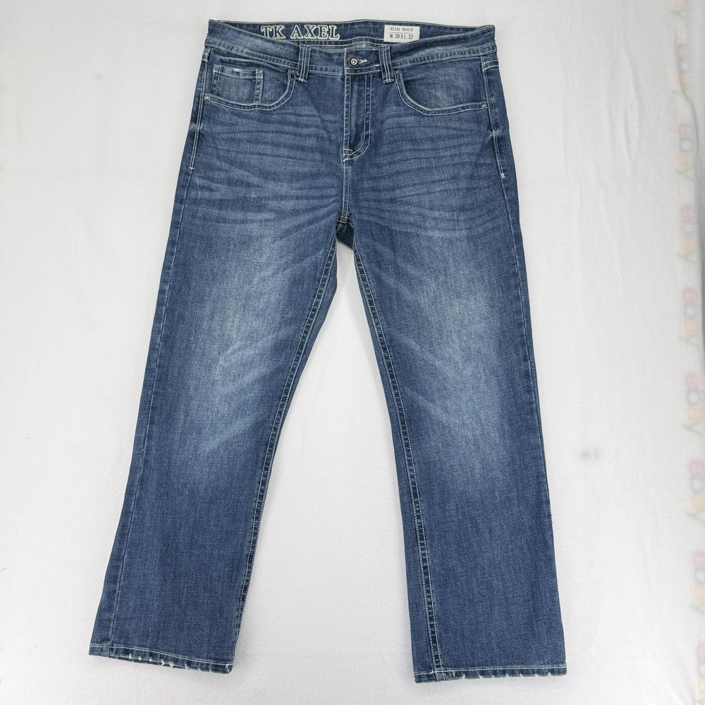 T.K. Axel Slim Boot Jeans Mens 38x32 Blue Medium Wash Stretch Denim Casual‎